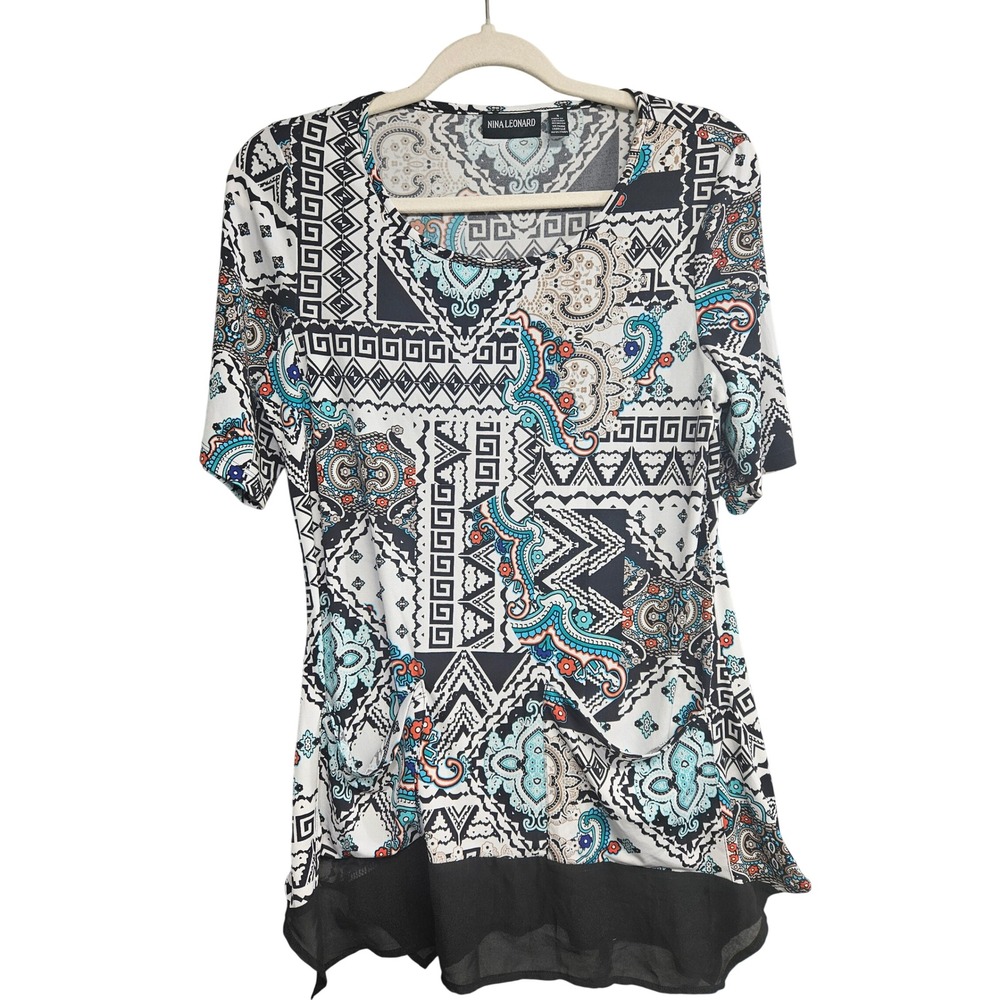 Nina Leonard Womens Paisley Geometric Print Tunic Top Black White Teal Pockets S